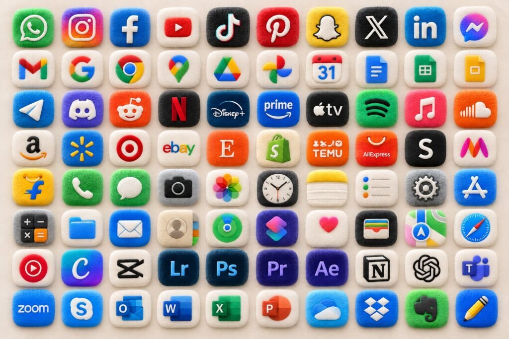 Grid preview of more than 100 colourful fluffy app icons for an iPhone home screen