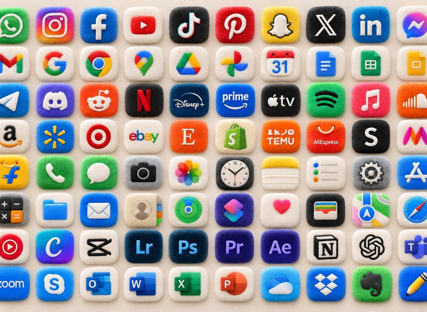Grid preview of more than 100 colourful fluffy app icons for an iPhone home screen