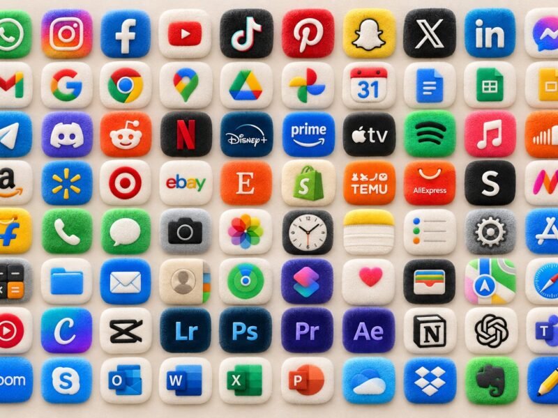 Grid preview of more than 100 colourful fluffy app icons for an iPhone home screen