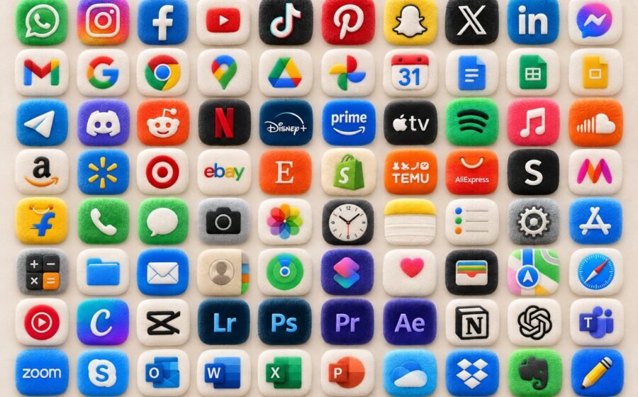 Grid preview of more than 100 colourful fluffy app icons for an iPhone home screen